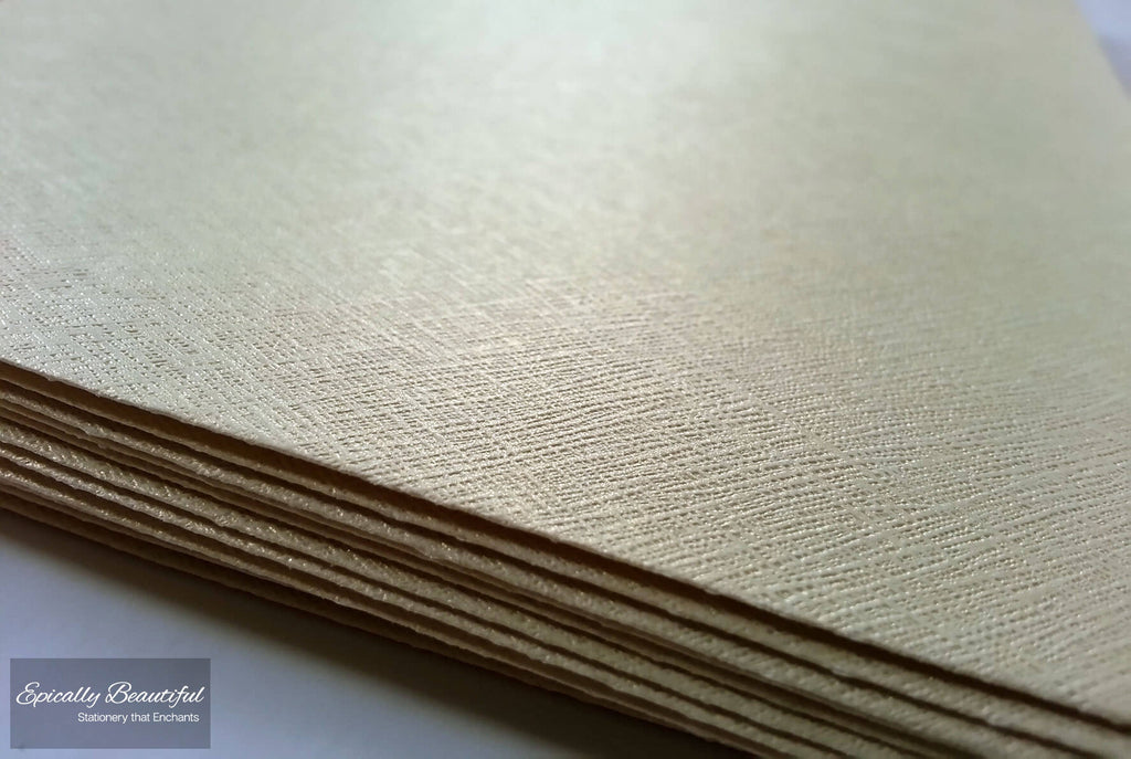 Photo of Textured Champagne Gold Square Flap C6 Peel and Seal Envelopes. Zoomed In View.