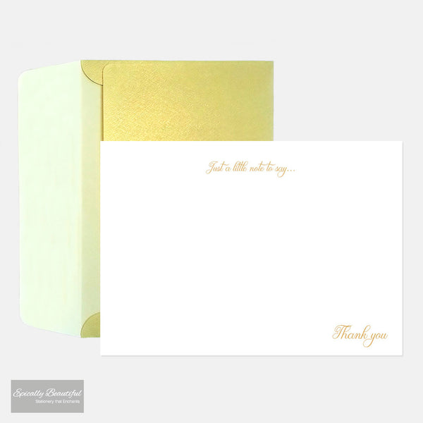 Just a little note to say thank you gold foil correspondence cards. Full view of notecard with envelope in background.