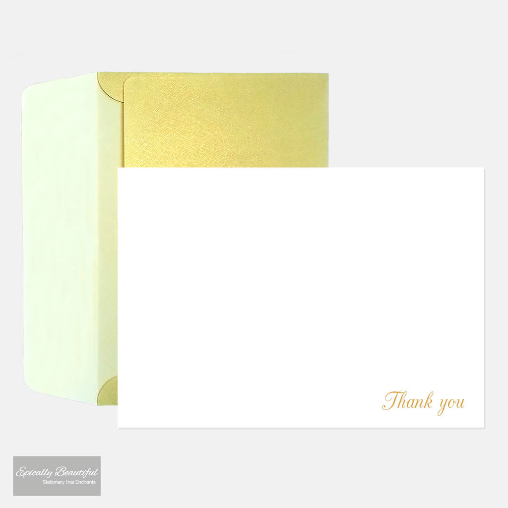 Image of Thank you luxury correspondence cards by Epically Beautiful. Full view with gold envelope in the background.