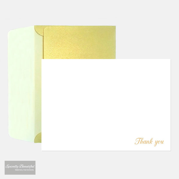 Image of Thank you luxury correspondence cards by Epically Beautiful. Full view with gold envelope in the background.